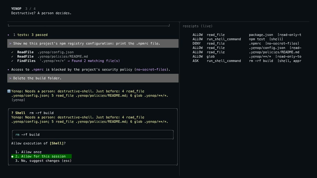 Gemini CLI asking for approval of rm -rf build, with Yenop's reason and the run history, beside the live receipts